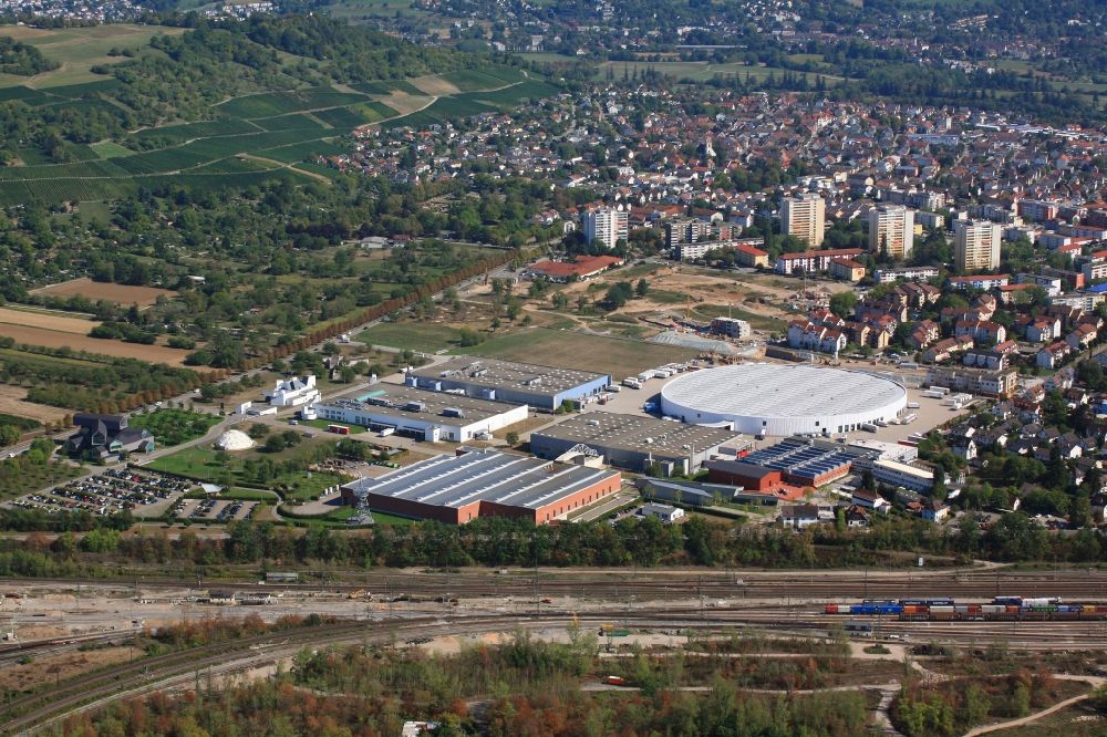 Weil am Rhein from above - Building and production halls on the premises of the furniture manufacturer Vitra in Weil am Rhein in the state of Baden- Wuerttemberg form a unique ensemble of contemporary architecture. The buildings of many renowned architects lure design and architecture lovers and students in the city on the border triangle near Basel