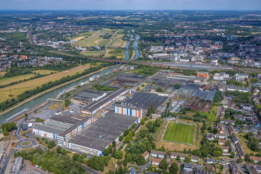 Hamm from the bird's eye view: Building and production halls on the premises Voestalpine Boehler Welding on street Hafenstrasse in the district Heessen in Hamm at Ruhrgebiet in the state North Rhine-Westphalia, Germany