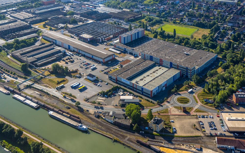 Aerial photograph Hamm - Building and production halls on the premises of voestalpine Boehler Welding Group GmbH on street Hafenstrasse in the district Heessen in Hamm at Ruhrgebiet in the state North Rhine-Westphalia, Germany