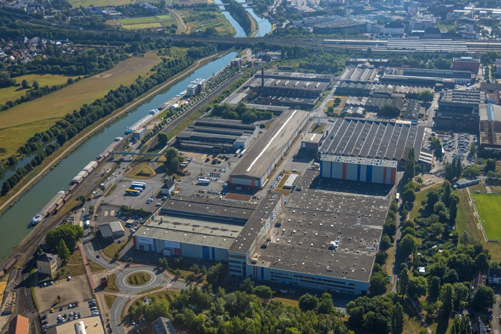 Hamm from the bird's eye view: Building and production halls on the premises of voestalpine Boehler Welding Group GmbH on street Hafenstrasse in the district Heessen in Hamm at Ruhrgebiet in the state North Rhine-Westphalia, Germany