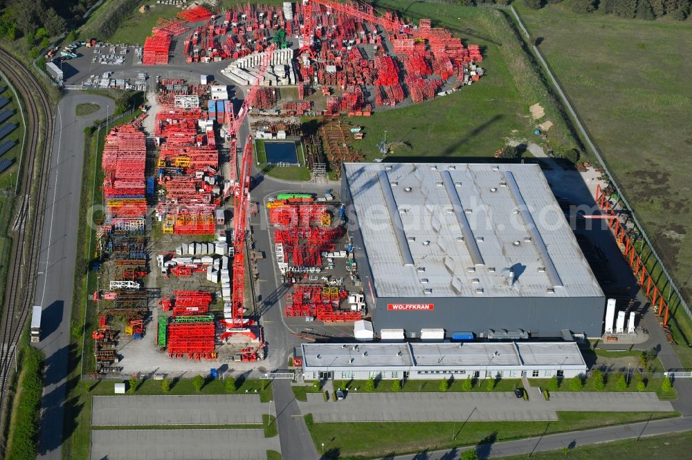 Luckau from above - Building and production halls on the premises of WOLFFKRAN GmbH on Frederik-Ipsen-Strasse in Luckau in the state Brandenburg, Germany