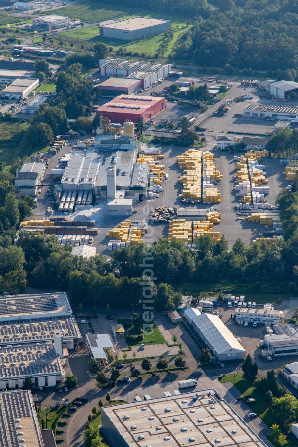 Rheinau from above - Building and production halls on the premises of Xella Deutschland GmbH in the district Freistett in Rheinau in the state Baden-Wuerttemberg, Germany