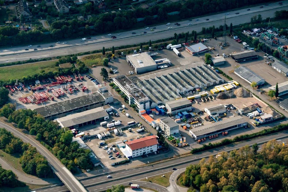 Ettlingen from above - Building and production halls on the premises of Zepelin Rental and mateco Gmbh in Ettlingen in the state Baden-Wurttemberg, Germany