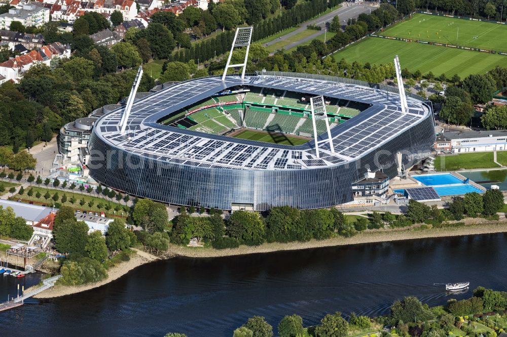 Bremen from the bird's eye view: The Weser Stadium in Bremen, the stadium of the Bundesliga club Werder Bremen