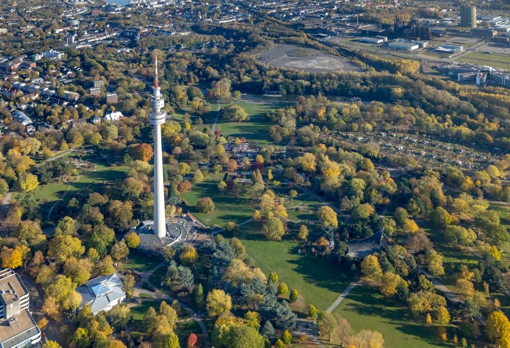 Dortmund from above - Westfalen park and broadcasting tower Florianturm in Dortmund in the state of North Rhine-Westphalia
