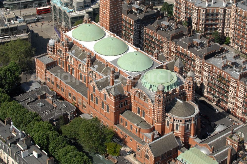 Aerial image London - View at the Westminster Cathedral in the district City of Westminster in London in the county of Greater London Westminster Cathedral is the cathedral church of the Roman Catholic archdiocese of Westminster and the main church of England and Wales. She wears the patronal feast of the Holy Blood