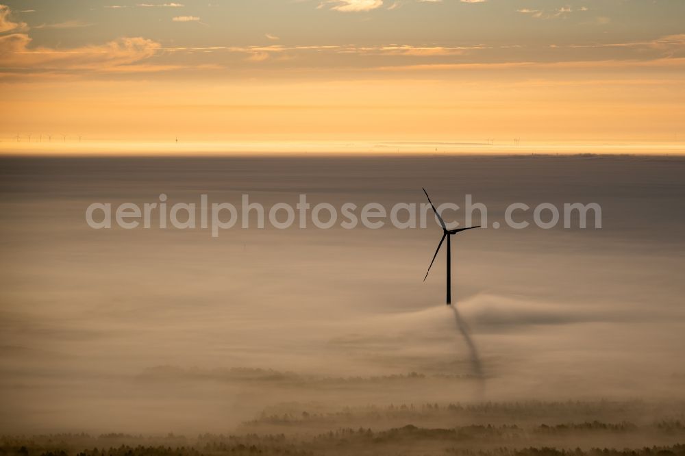 Aerial image Winsen (Luhe) - Weather-induced wind energy installations embedded in a fog layer at sunrise in Winsen (Luhe) in the state Lower Saxony, Germany