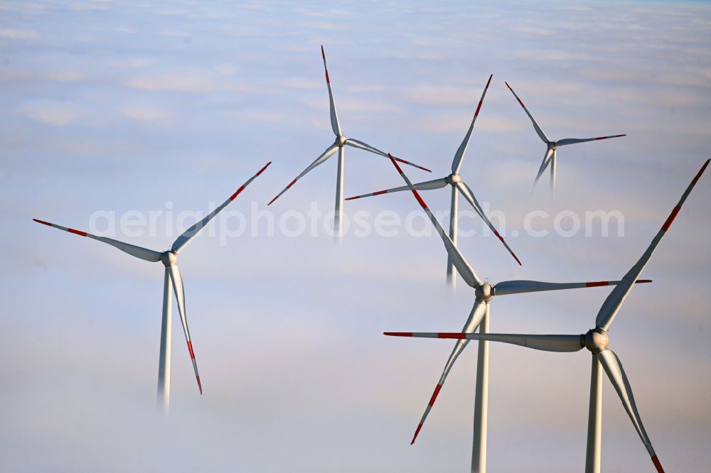 Aerial photograph Denkendorf - Weather-induced wind energy installations embedded in a fog layer on street Riedelshof in Denkendorf in the state Bavaria, Germany