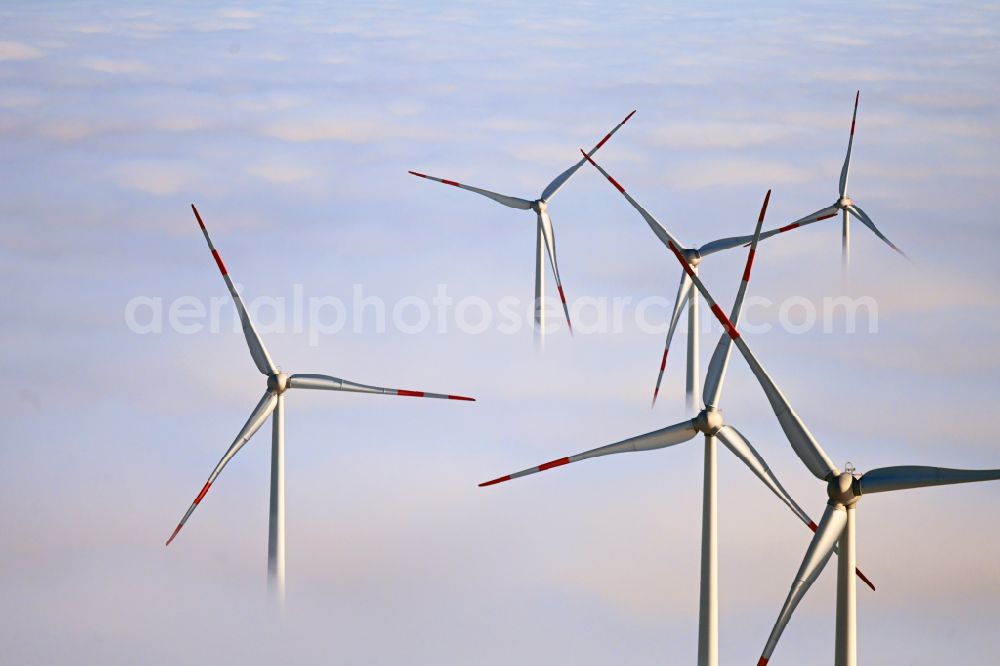 Denkendorf from above - Weather-induced wind energy installations embedded in a fog layer on street Riedelshof in Denkendorf in the state Bavaria, Germany