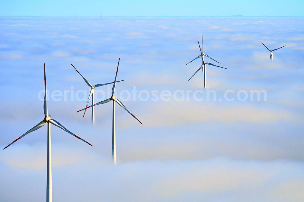 Denkendorf from the bird's eye view: Weather-induced wind energy installations embedded in a fog layer on street Riedelshof in Denkendorf in the state Bavaria, Germany