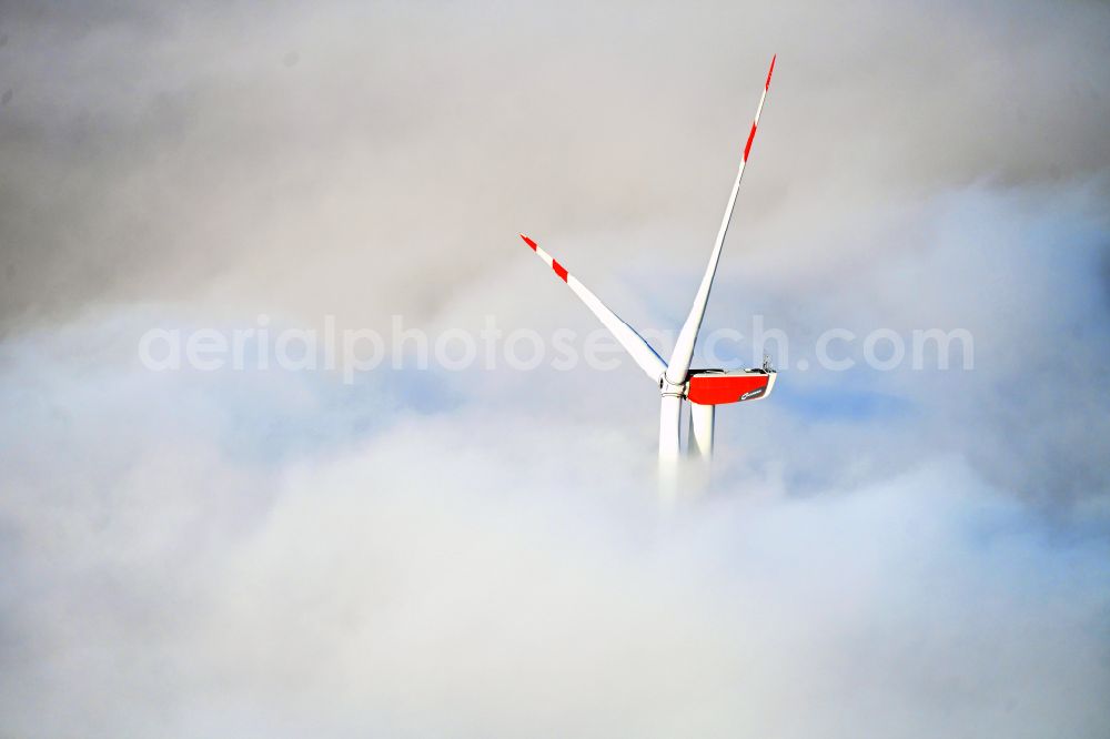 Aerial image Denkendorf - Weather-induced wind energy installations embedded in a fog layer on street Riedelshof in Denkendorf in the state Bavaria, Germany