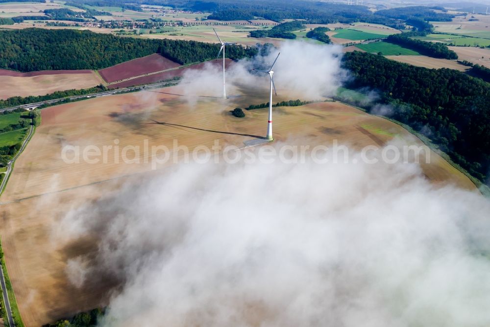 Aerial image Gertenbach - Weather-induced wind energy installations embedded in a fog layer in Gertenbach in the state Hesse, Germany