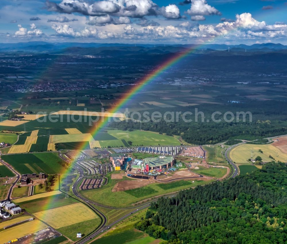 Rust from the bird's eye view: Haze and precipitation conditions with rainbow formation in Rust in the state Baden-Wuerttemberg, Germany