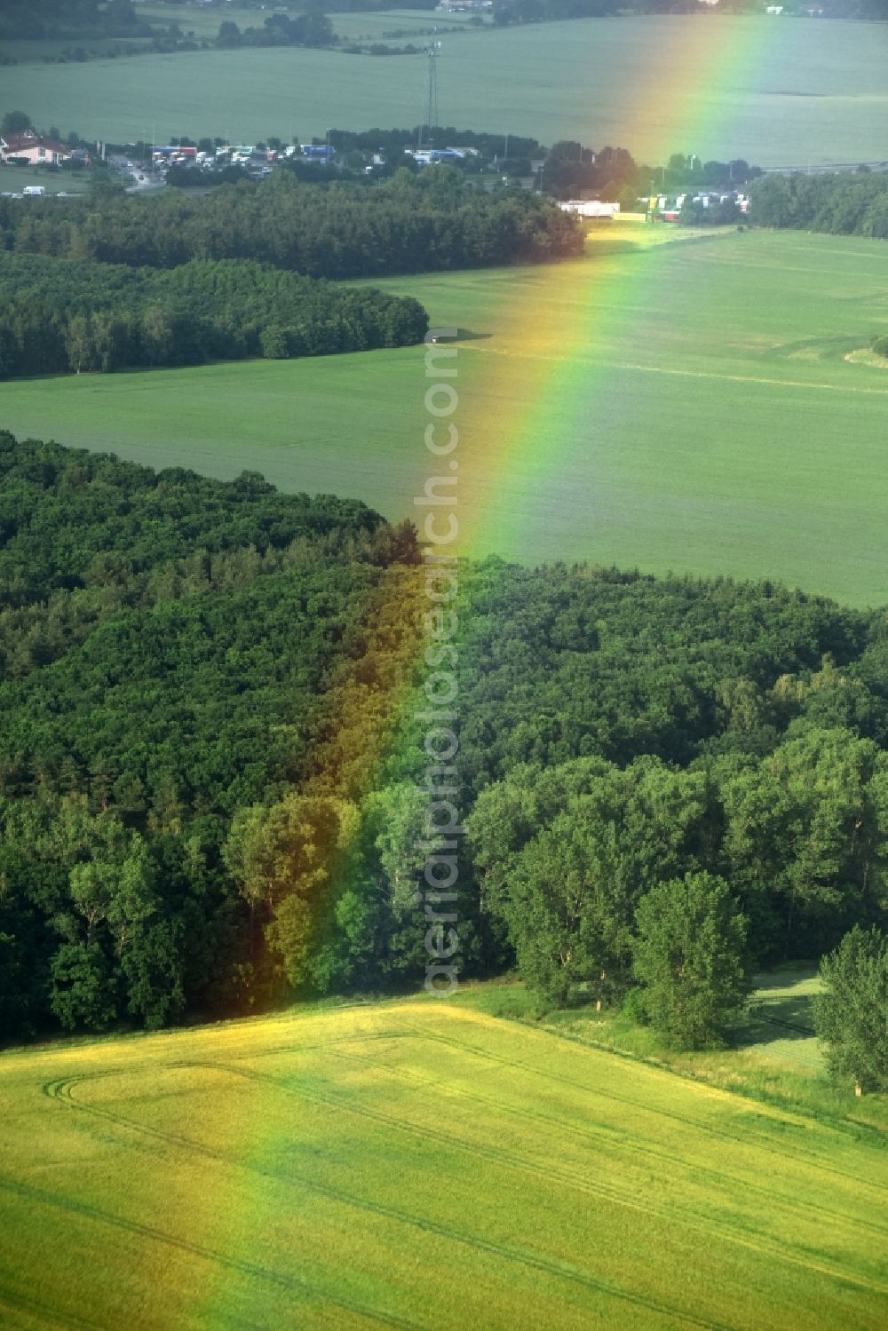 Aerial photograph Fehrbellin - Haze and precipitation conditions with rainbow formation in Fehrbellin in the state Brandenburg