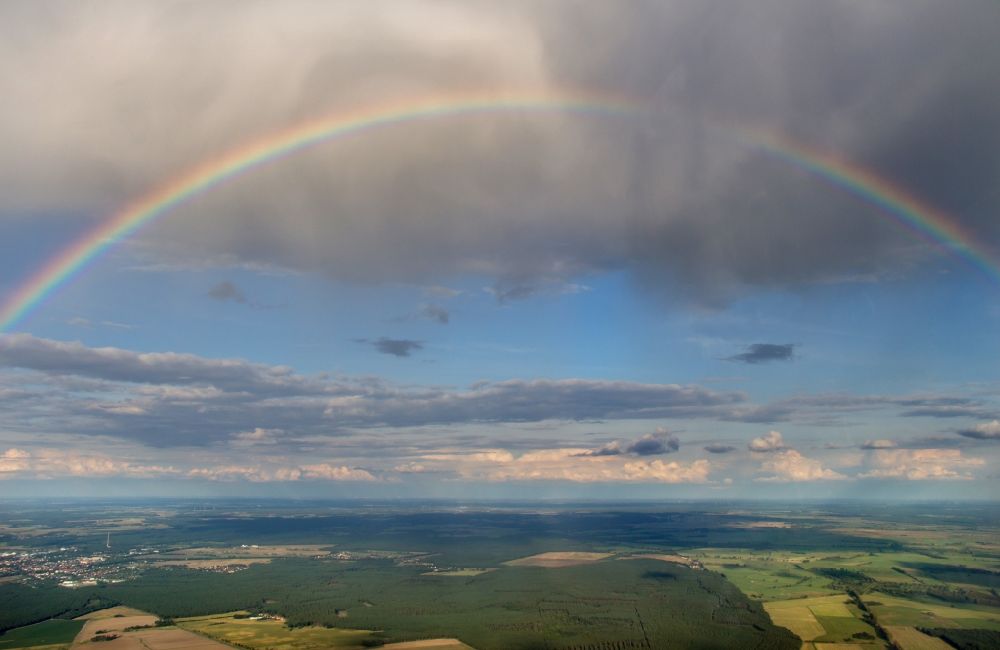 Aerial photograph Genthin - Haze and precipitation conditions with rainbow formation in Genthin in the state Saxony-Anhalt, Germany