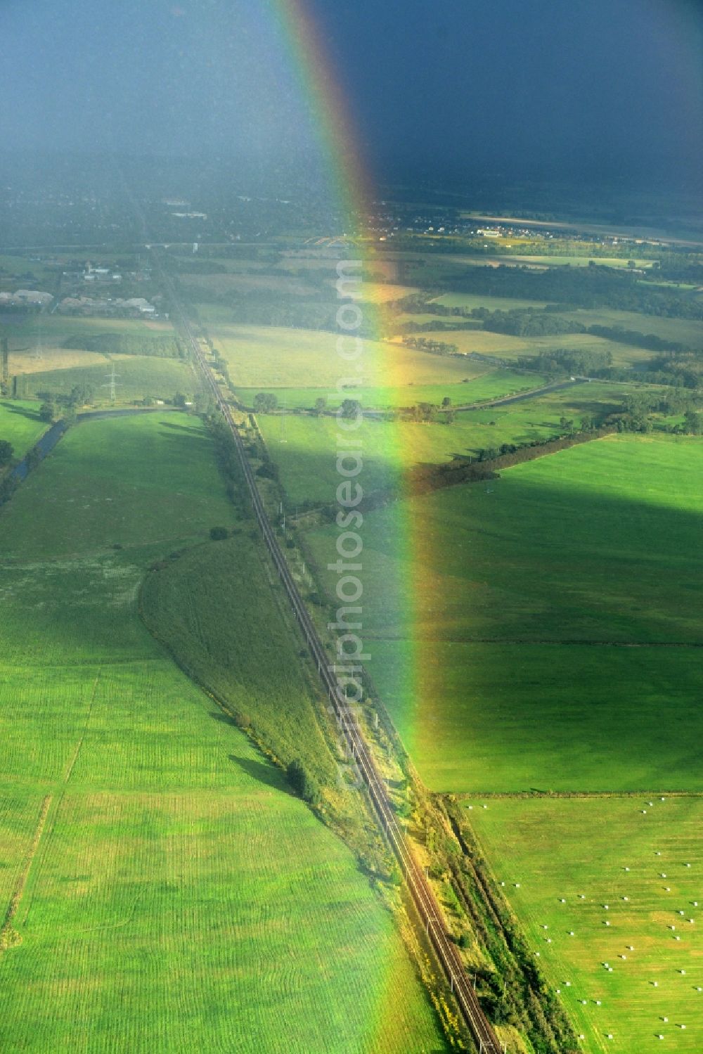 Aerial image Nauen - Haze and precipitation conditions with rainbow formation in Nauen in the state Brandenburg