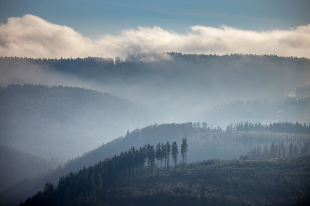 Schmallenberg from the bird's eye view: Weather with layered fog cover over a forest area in Schmallenberg in the state North Rhine-Westphalia, Germany