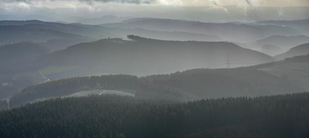 Lenhausen from above - Weather with layered fog cover the forest area of Hoehenzug on Lettmecke in Lenhausen in the state North Rhine-Westphalia, Germany