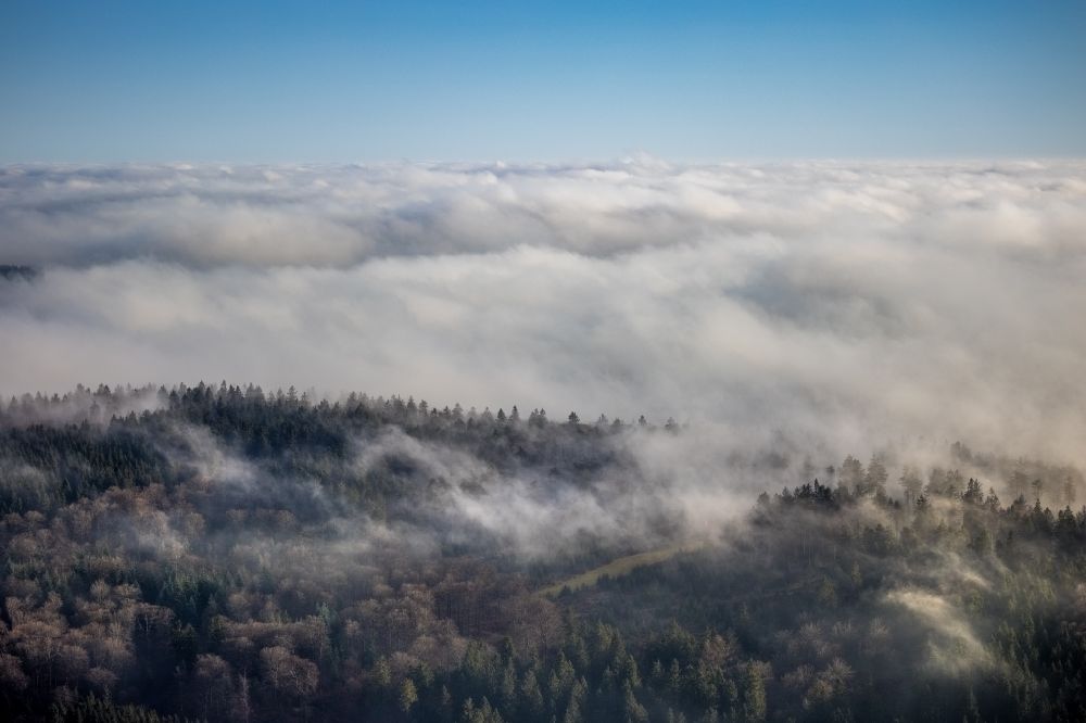 Aerial photograph Lengenbeck - Weather with layered fog cover over forest areas in Lengenbeck in the state North Rhine-Westphalia, Germany