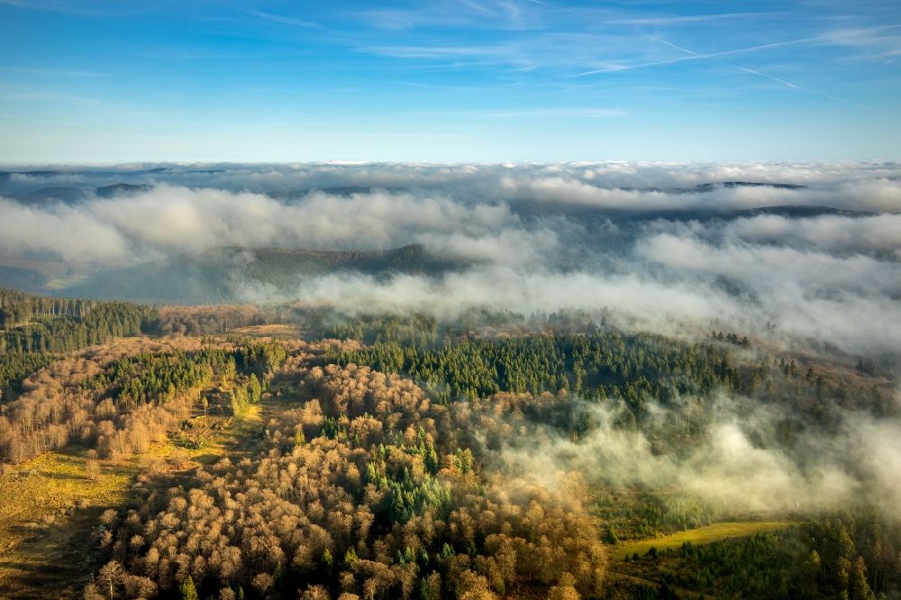 Aerial image Lengenbeck - Weather with layered fog cover over forest areas in Lengenbeck in the state North Rhine-Westphalia, Germany