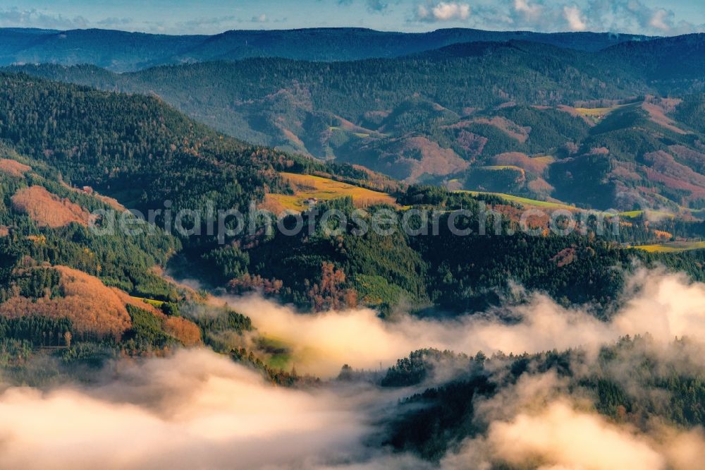 Nordrach from above - Weather with layered fog cover over forest areas in Nordrach in the state Baden-Wurttemberg, Germany