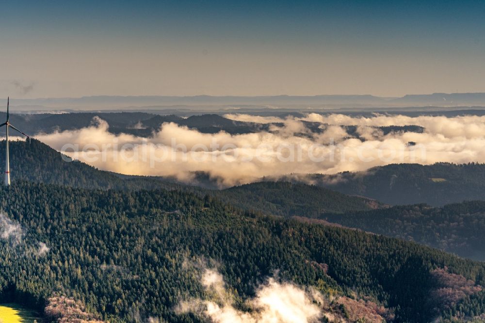 Nordrach from the bird's eye view: Weather with layered fog cover over forest areas in Nordrach in the state Baden-Wurttemberg, Germany