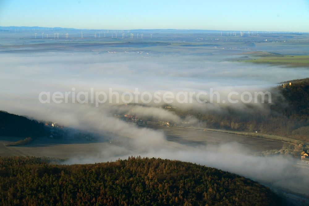 Oldisleben from above - Weather with layered fog cover over forest areas in Oldisleben in the state Thuringia, Germany