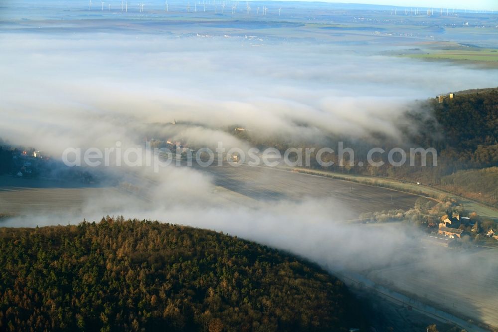 Aerial image Oldisleben - Weather with layered fog cover over forest areas in Oldisleben in the state Thuringia, Germany