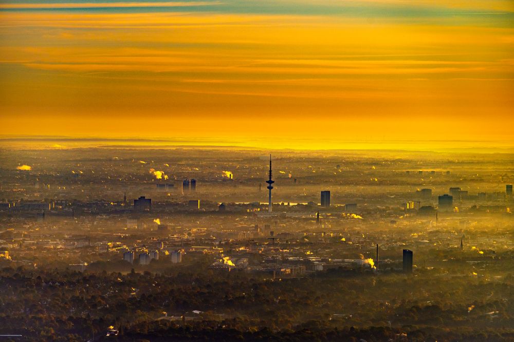 Hamburg from above - Weather with layered fog cover in Hamburg, Germany