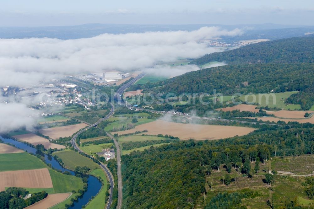 Aerial image Hedemünden - Weather with layered fog cover in Hedemuenden in the state Lower Saxony, Germany