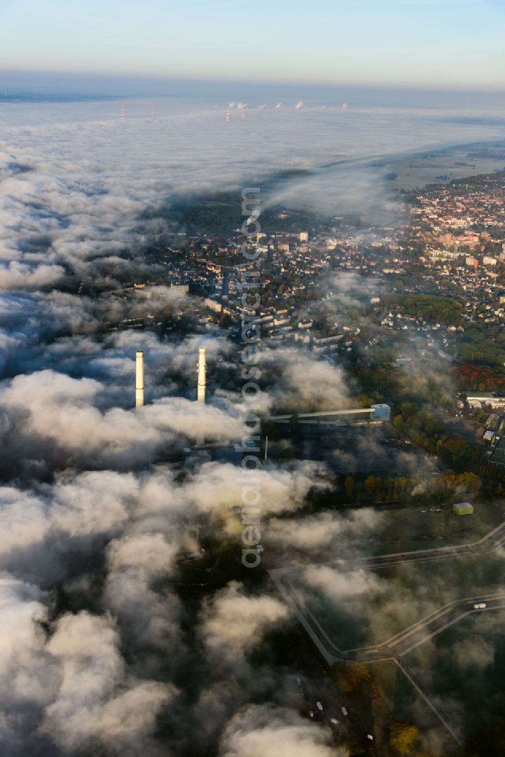 Wedel from above - Weather with layered fog cover in Wedel in the state Schleswig-Holstein, Germany