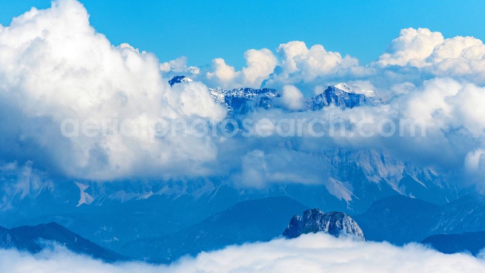 Aerial image Höfen - Weather conditions with cloud formation above the mountain peaks of the Alps in Hoefen in Tirol, Austria