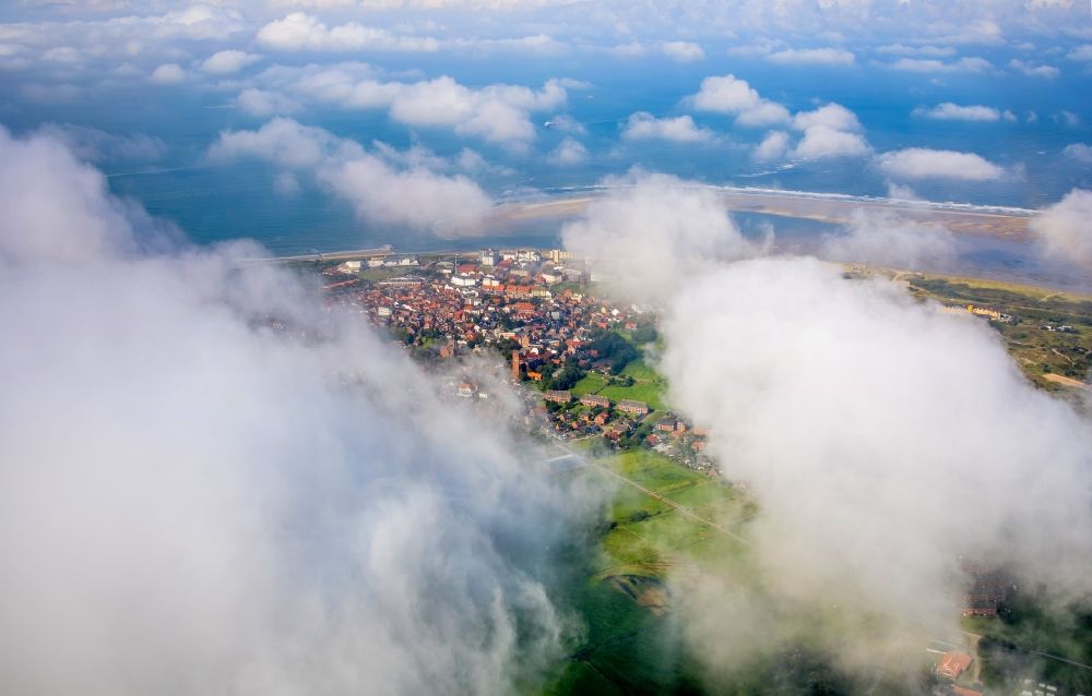 Borkum from the bird's eye view: Weather conditions with cloud formation over the North Sea island in Borkum in the state Lower Saxony, Germany