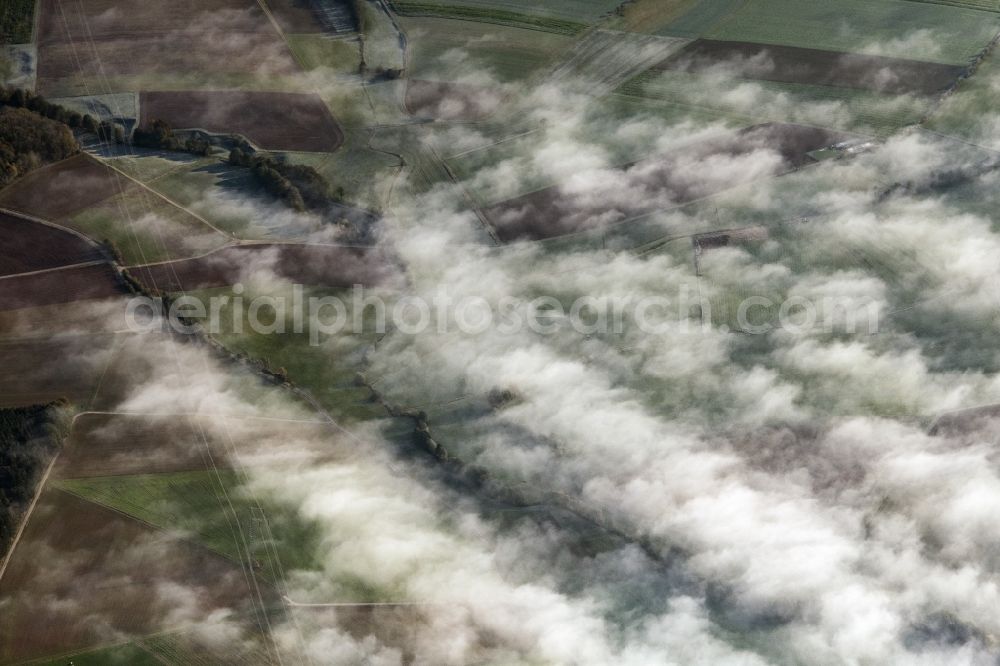Marbach from above - Weather conditions with cloud formation ond absorbing high fog layer in Marbach in the state Hesse, Germany