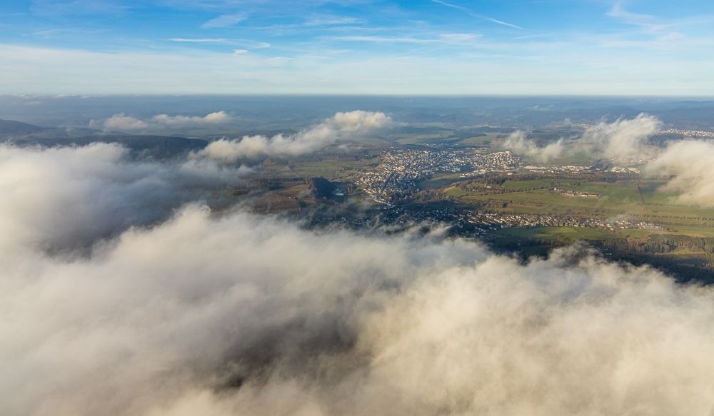Aerial photograph Schmallenberg - Weather conditions with cloud formation in Schmallenberg in the state North Rhine-Westphalia, Germany