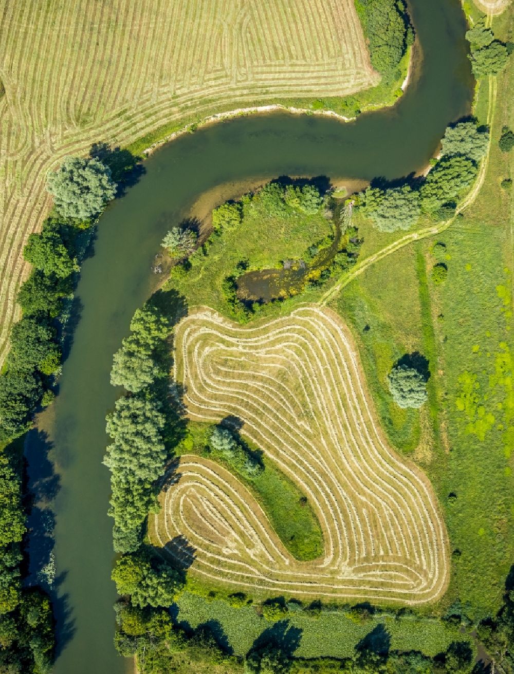 Aerial image Dolberg - Grassland structures of a meadow and field landscape in the lowland of Lippe river in Dolberg in the state North Rhine-Westphalia, Germany