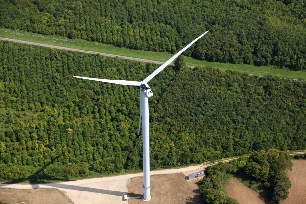Amelecourt from above - Wind energy plants (WEA) with wind power plants of Iberdrola SA in a forest area in Amelecourt in Grand Est, France