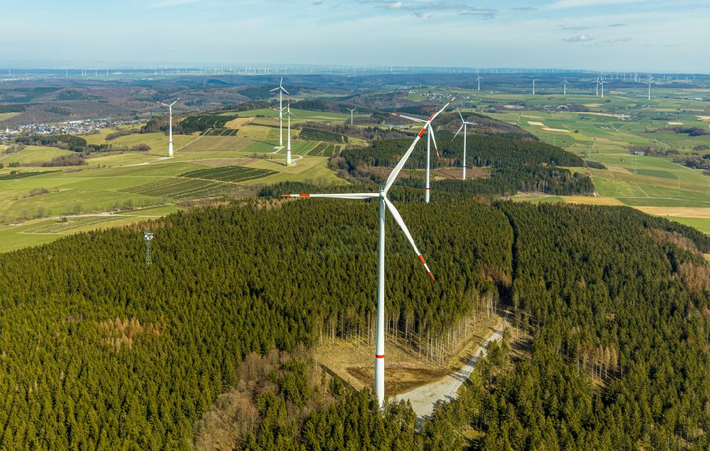 Aerial image Brilon - Wind energy plants (WEA) with wind power plants in a forest area in Brilon at Sauerland in the state North Rhine-Westphalia, Germany