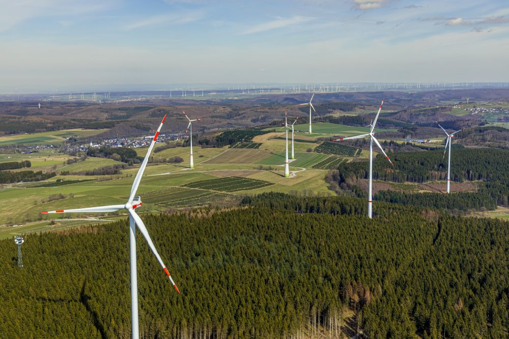 Brilon from above - Wind energy plants (WEA) with wind power plants in a forest area in Brilon at Sauerland in the state North Rhine-Westphalia, Germany