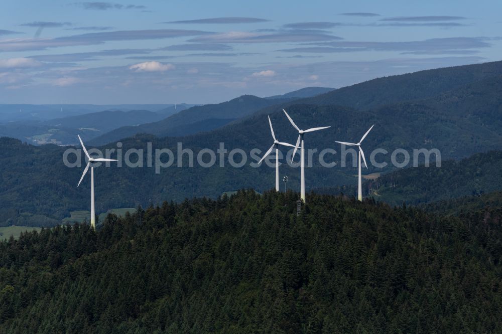 Aerial photograph Freiburg im Breisgau - Wind energy plants (WEA) with wind power plants in a forest area in Freiburg im Breisgau in the state Baden-Wuerttemberg, Germany
