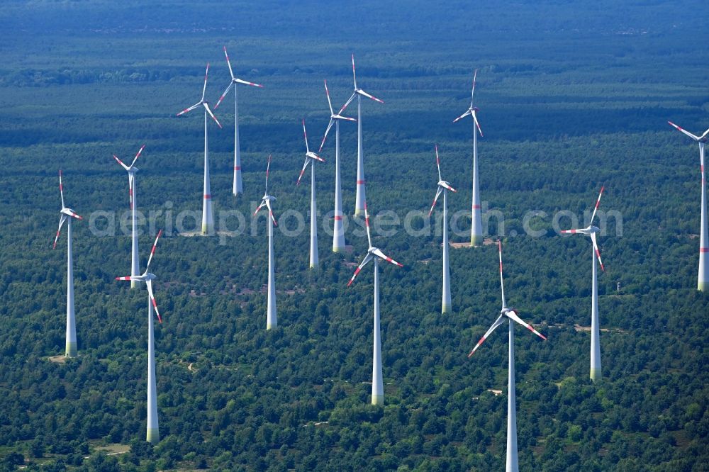 Aerial photograph Jänickendorf - Wind energy plants (WEA) with wind power plants in a forest area in Jaenickendorf Nuthe-Urstromtal in the state Brandenburg, Germany