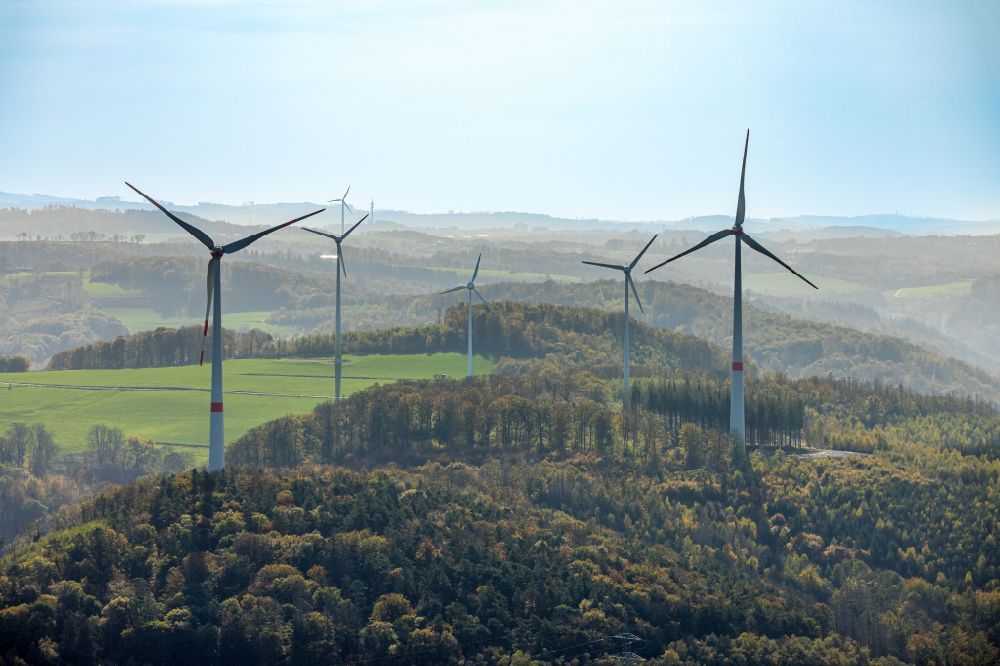 Nahmer from above - Wind energy plants (WEA) with wind power plants in a forest area in Nahmer in the state North Rhine-Westphalia, Germany