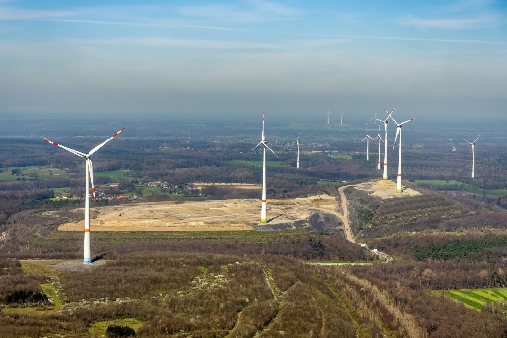 Dinslaken from the bird's eye view: Wind energy plants (WEA) with wind power plants of Halde Lohberg in a forest area in the district Oberlohberg in Dinslaken at Ruhrgebiet in the state North Rhine-Westphalia, Germany