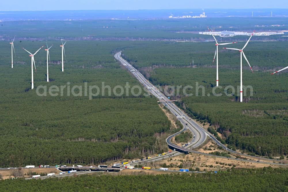 Aerial photograph Spreenhagen - Wind turbines ( WTG ) with wind turbines of the Uckley wind farm in a forest area in Spreenhagen in the state Brandenburg, Germany
