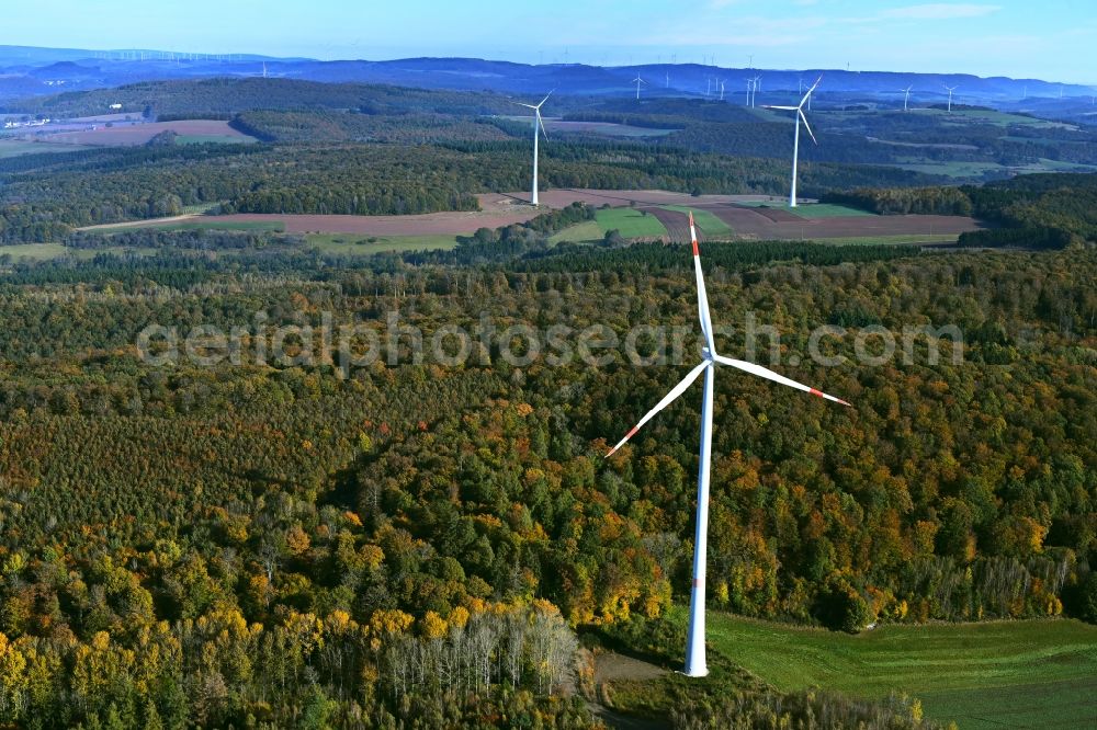 Steinbach from above - Wind energy plants (WEA) with wind power plants in a forest area in Steinbach in the state Saarland, Germany