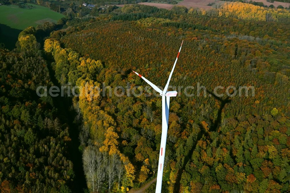 Aerial image Steinbach - Wind energy plants (WEA) with wind power plants in a forest area in Steinbach in the state Saarland, Germany