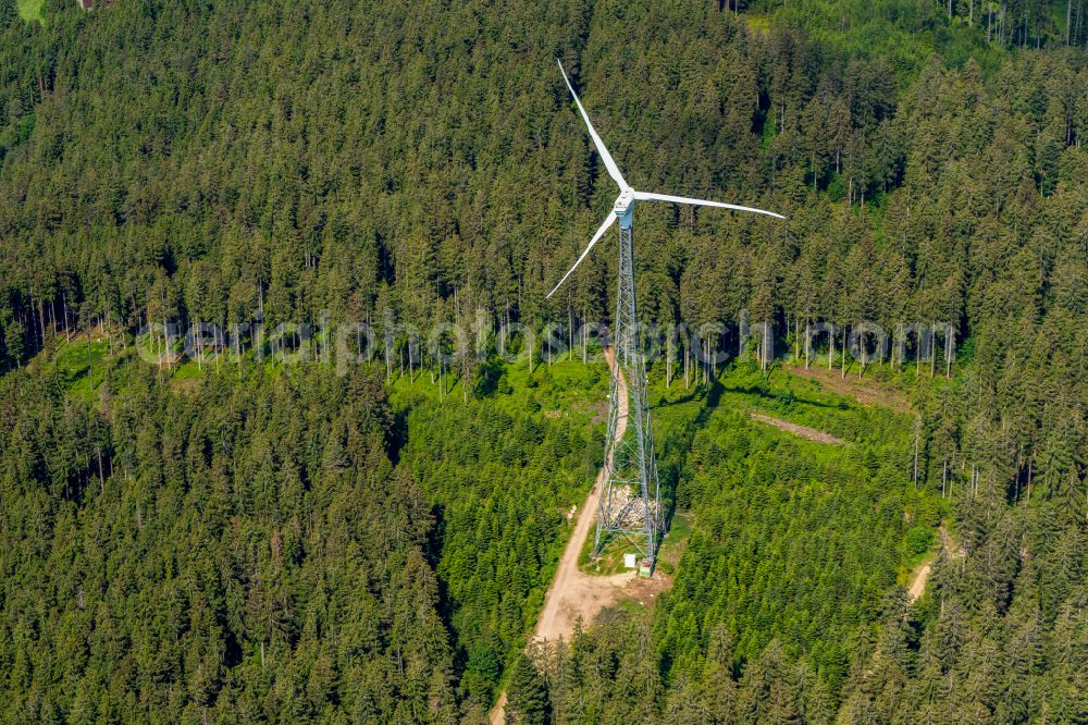 Aerial photograph Schonach im Schwarzwald - Wind turbine windmills on a field in Schonach im Schwarzwald in the state Baden-Wuerttemberg, Germany