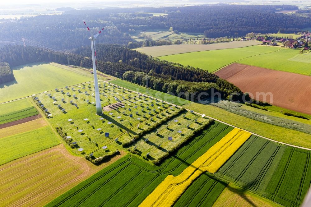 Aerial photograph Alpirsbach - Wind turbine windmills on a solar panel field in Alpirsbach in the state Baden-Wurttemberg, Germany