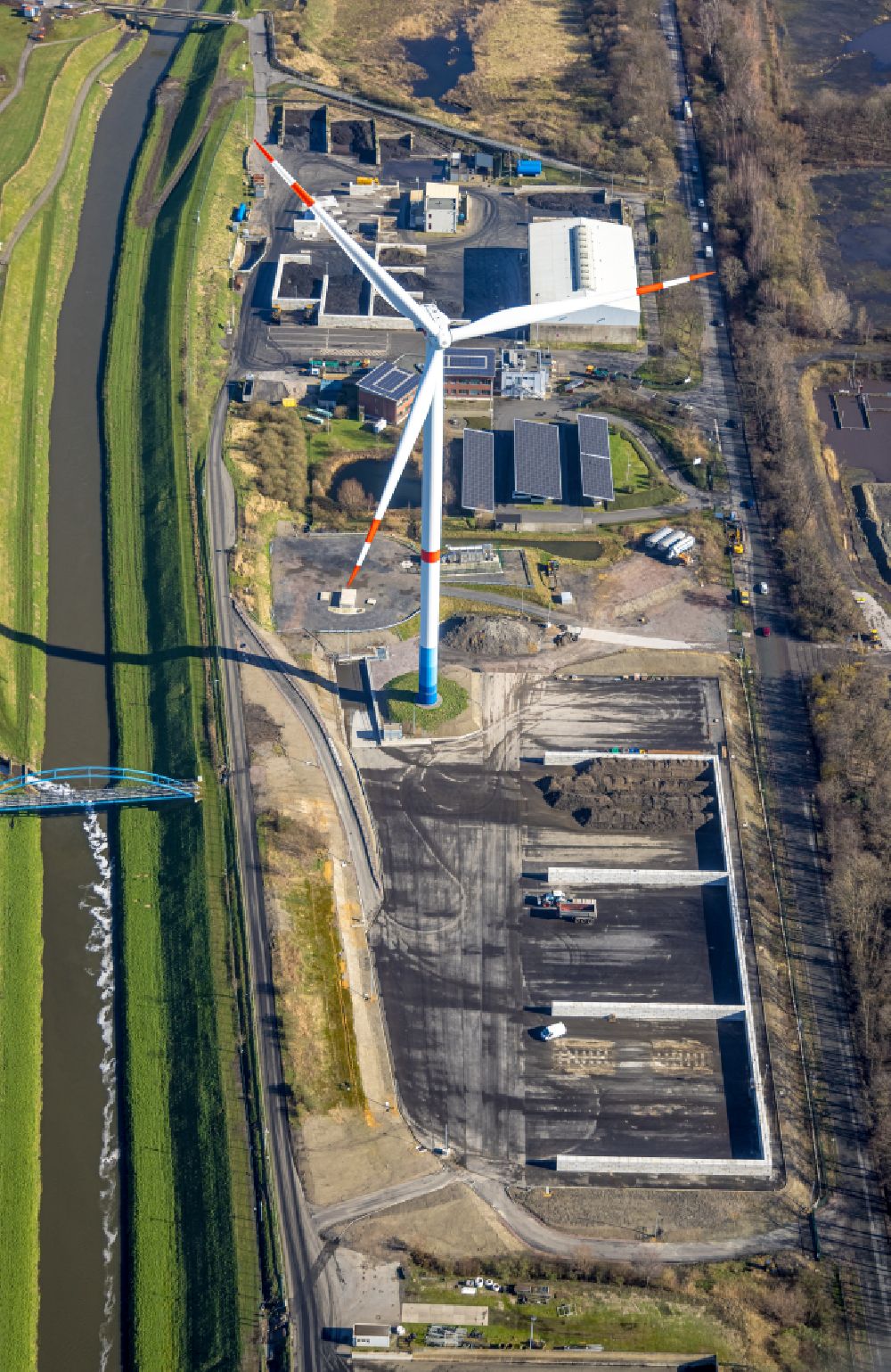 Bottrop from above - Wind turbine (WT) - wind turbine on the factory premises of Prosper coke plant in Bottrop in North Rhine-Westphalia