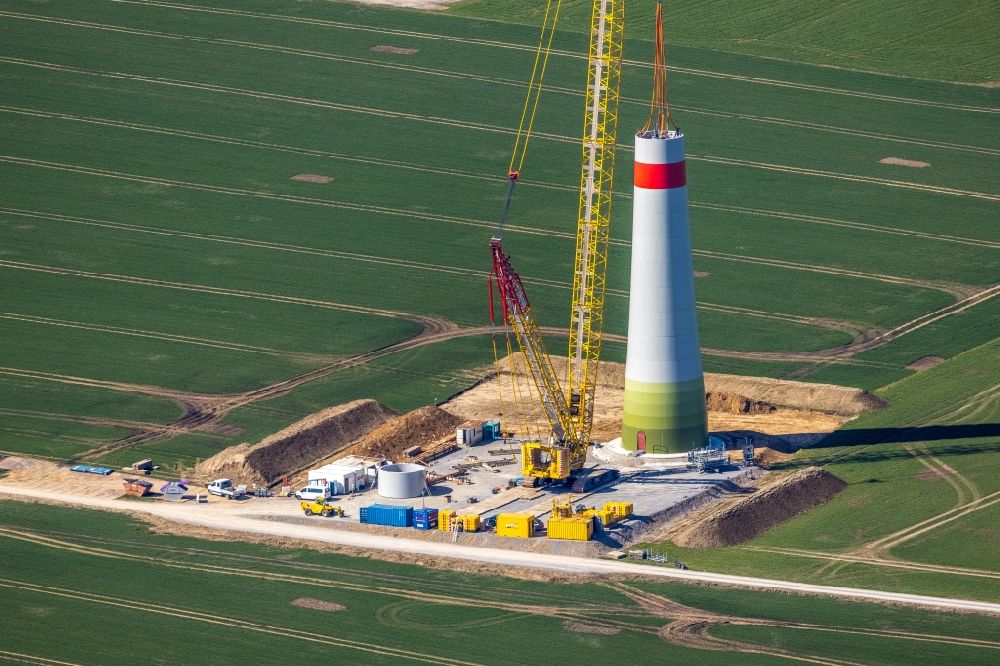 Wülfte from above - Wind energy plant construction site (WEA) on a field in Wuelfte at Sauerland in the state North Rhine-Westphalia, Germany